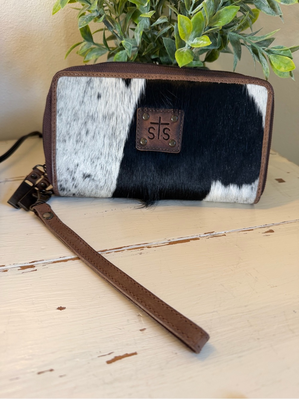 STS Ranchwear Black & White Cowhide Wristlet wallet with Brown Trim